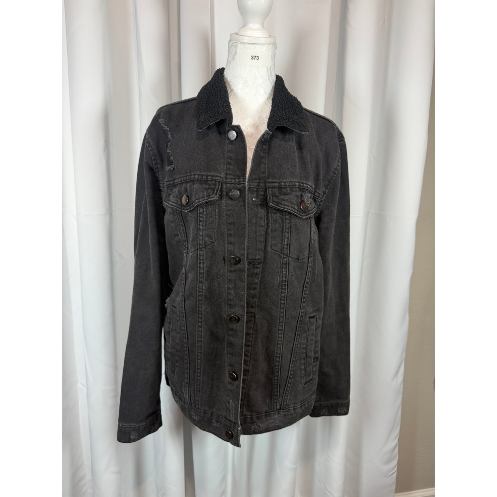 Jackson Mens Distressed Denim Jacket Washed Black Faux Shearling Collar Size M